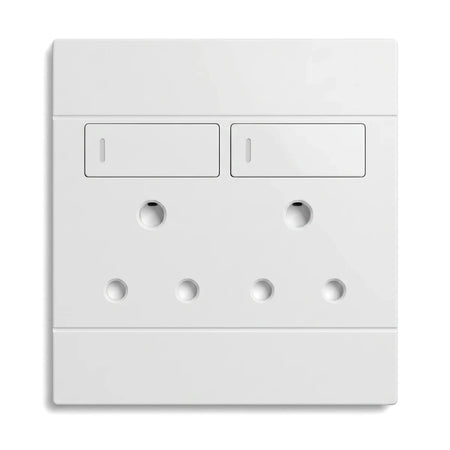 White double 16A switched socket for electrical installations, featuring two power outlets and two switches.