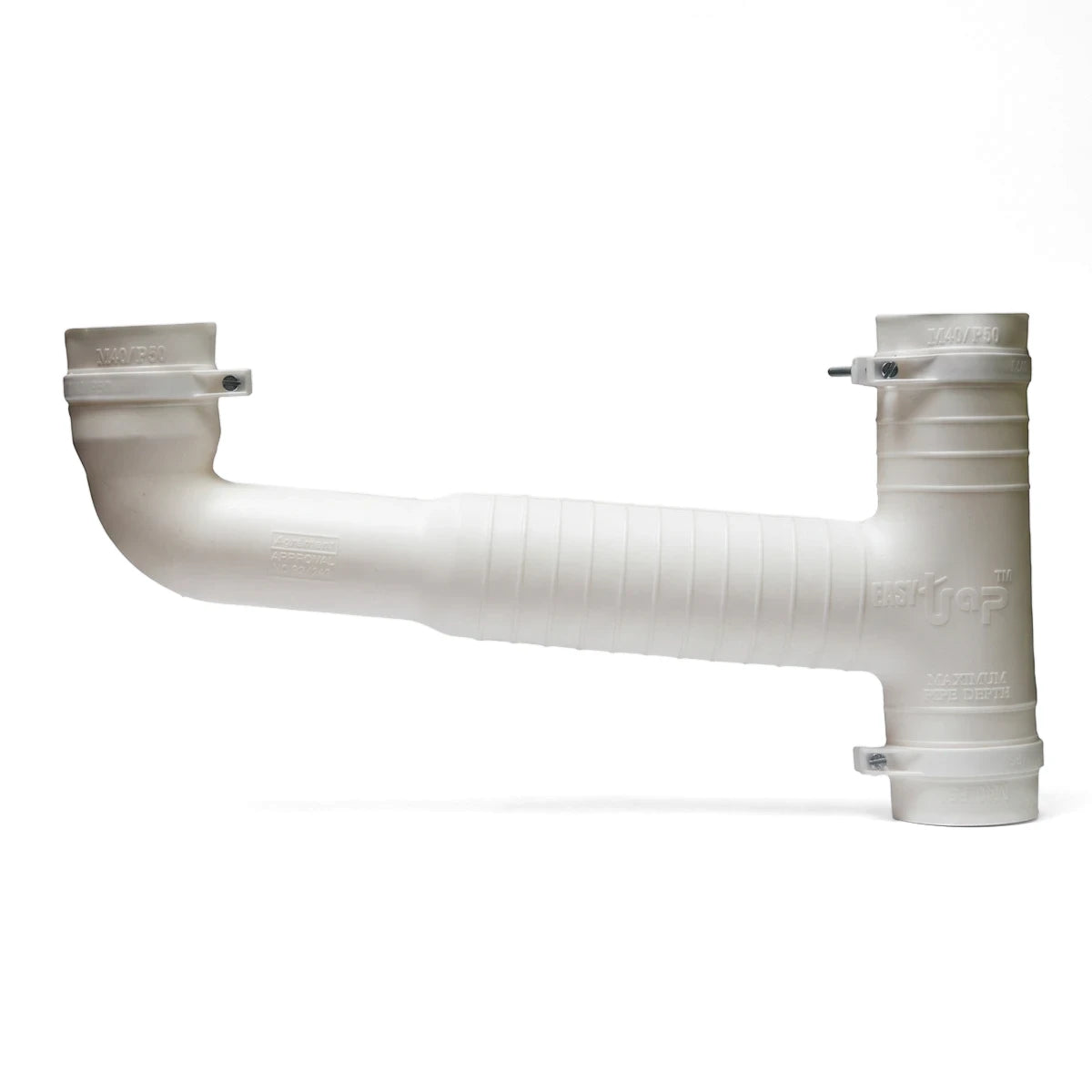 White Double Sink Combo Trap, 40x600mm, made of plastic with an L-shaped design and adjustable clamps, shown against a plain