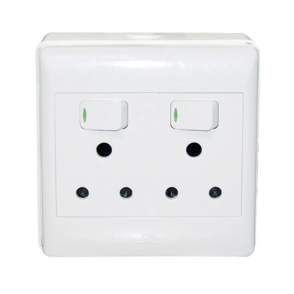 White double switch socket with two switches and two three-pin outlets, seen from a front view. Ideal for electrical