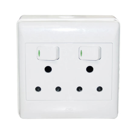 White double switch socket with two switches and two three-pin outlets, seen from a front view. Ideal for electrical