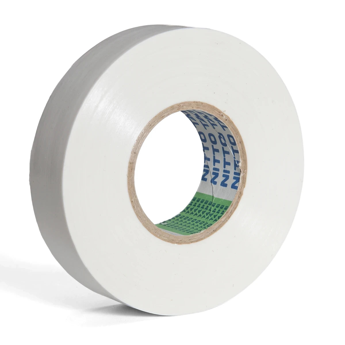 White electrical insulation tape roll with a blue and green branded core, positioned at an angle on a white background.