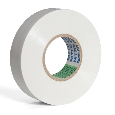 White electrical insulation tape roll with a blue and green branded core, positioned at an angle on a white background.