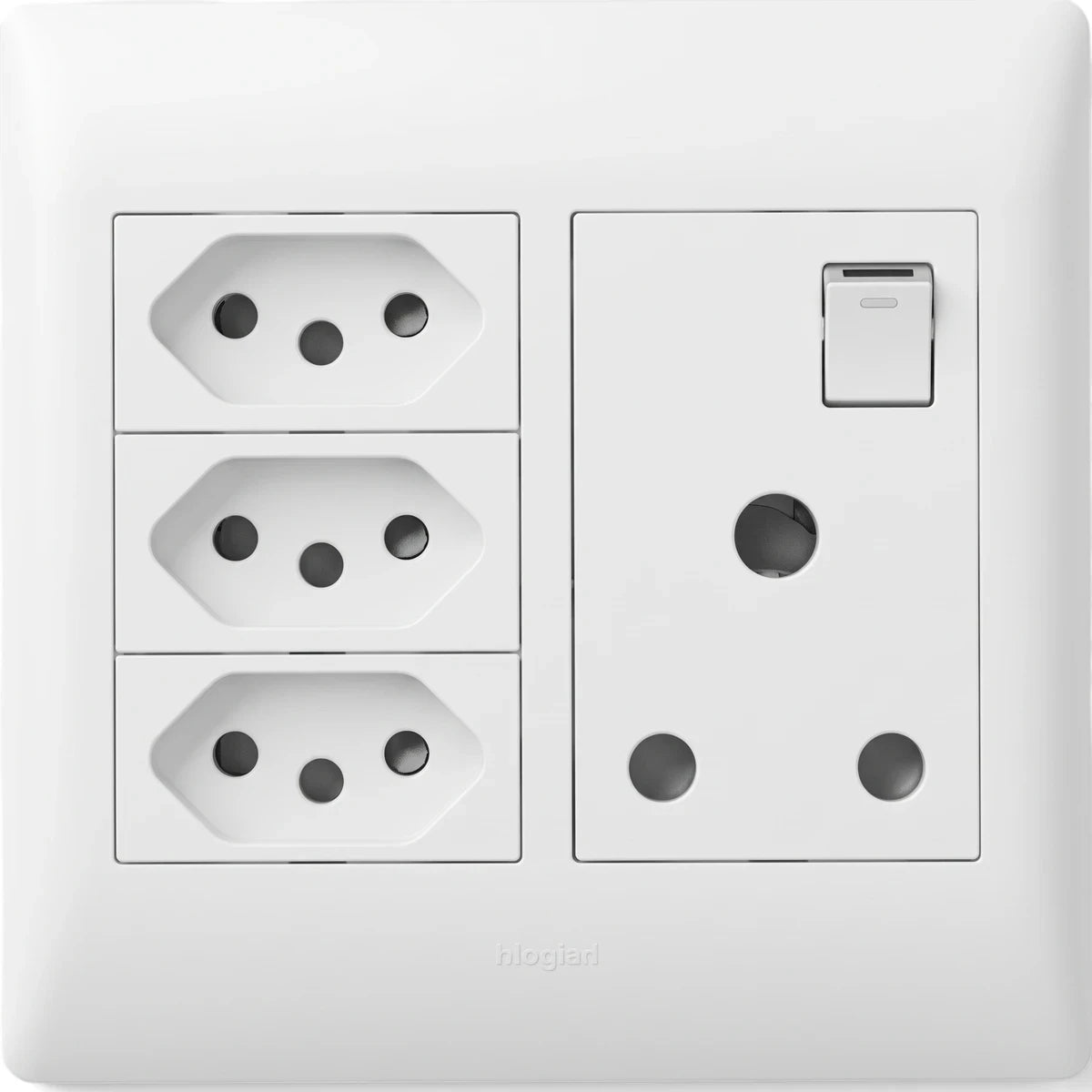White electrical wall plate featuring three new RSA 3-pin sockets and one old RSA socket with a switch, close-up view.