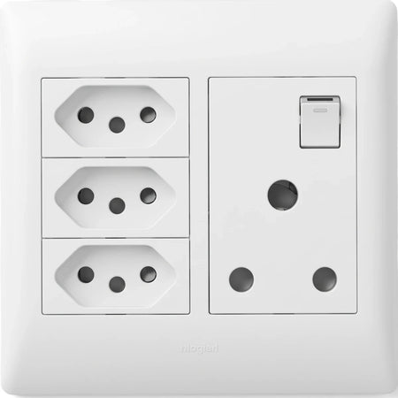 White electrical wall plate featuring three new RSA 3-pin sockets and one old RSA socket with a switch, close-up view.