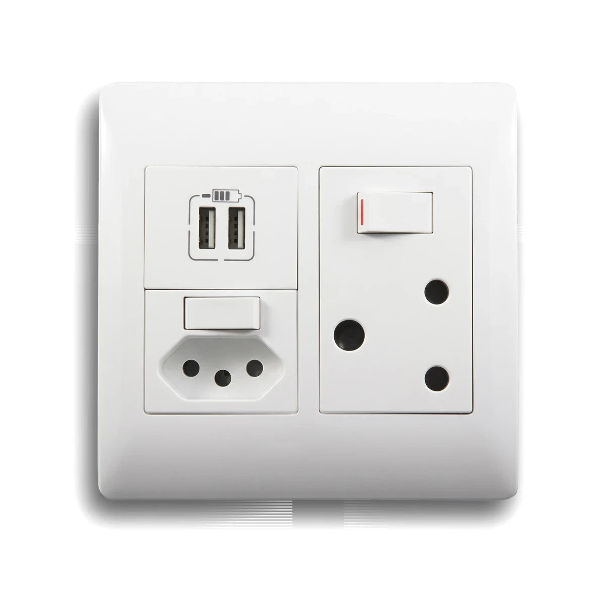 White electrical wall plate featuring a combination of New RSA, Old RSA, and dual USB charging sockets for versatile power