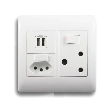 White electrical wall plate featuring a combination of New RSA, Old RSA, and dual USB charging sockets for versatile power