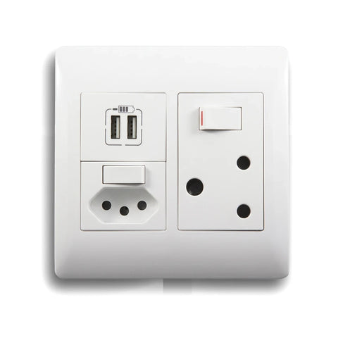 White electrical wall plate featuring a combination of New RSA, Old RSA, and dual USB charging sockets for versatile power