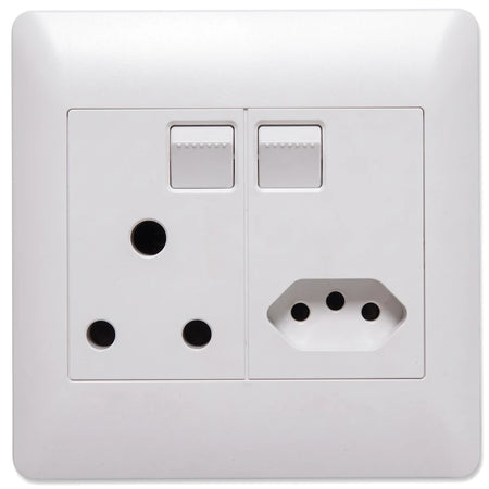 White electrical wall plate featuring a single round 3-pin socket, an IEC C13-like socket, and two light switches.