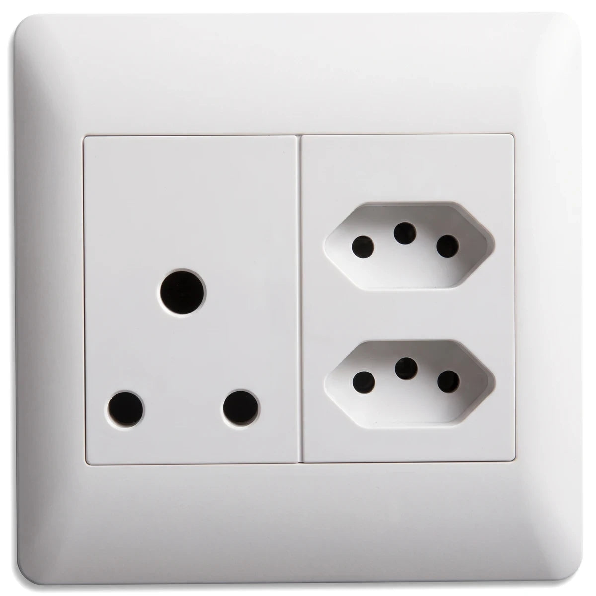 White electrical wall plate featuring a single 16A 3-pin switched socket and two IEC 2-pin switch sockets for power.