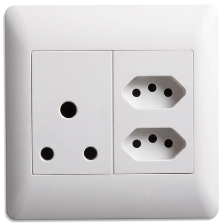 White electrical wall plate featuring a single 16A 3-pin switched socket and two IEC 2-pin switch sockets for power.