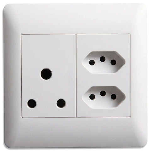 White electrical wall plate featuring a single 16A 3-pin switched socket and two IEC 2-pin switch sockets for power.