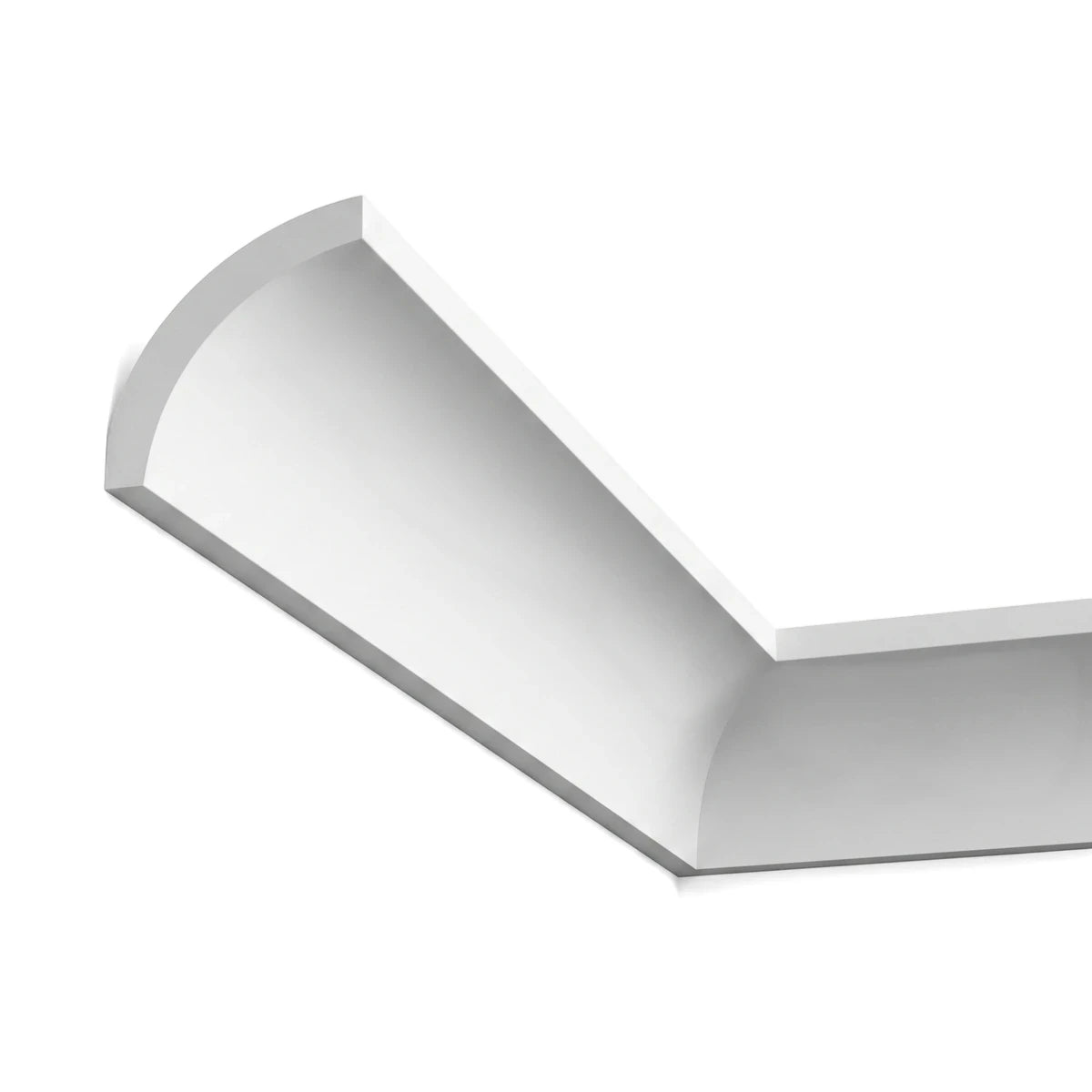White EPS cove cornice, 55x55x75mm, with a smooth curved profile, installed in an interior corner of a room.