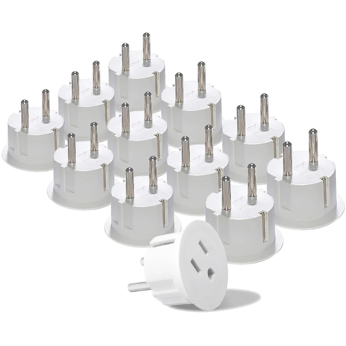 White Euro Continental power plug adapters, a pack of multiple adaptors for international travel or use.
