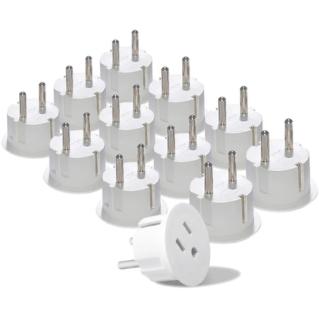 White Euro Continental power plug adapters, a pack of multiple adaptors for international travel or use.