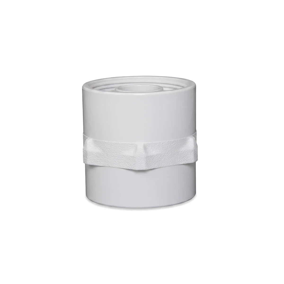 White female pool filter tank fitting, made of durable plastic, featuring a threaded top and a textured grip band.