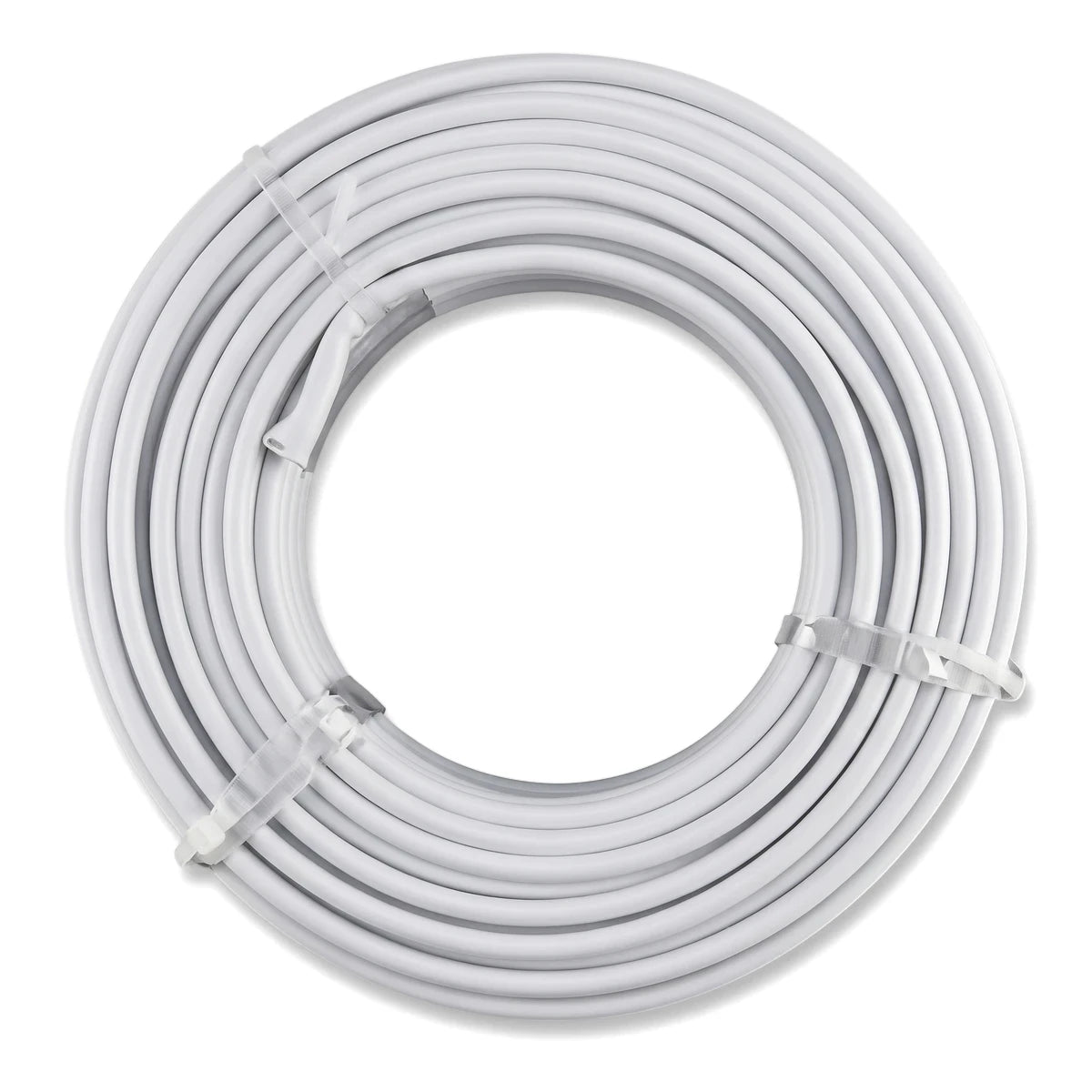 White flat twin and earth 4mm electrical cable, neatly coiled and secured with ties, presented on a clean background.