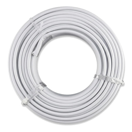 White flat twin and earth 4mm electrical cable, neatly coiled and secured with ties, presented on a clean background.