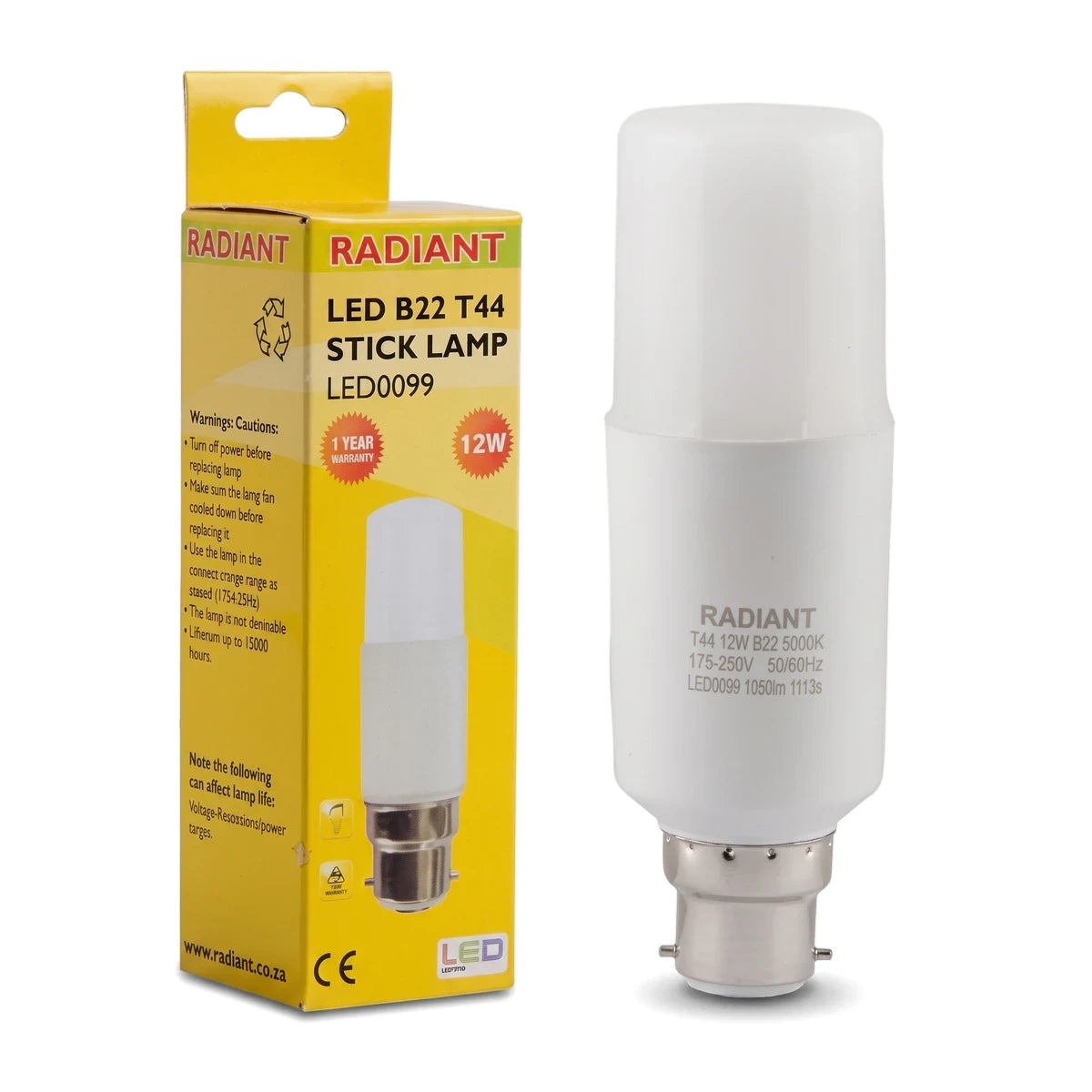 White frosted LED T44 B22 stick lamp with a 12W 5000K output, displayed alongside its yellow retail packaging.