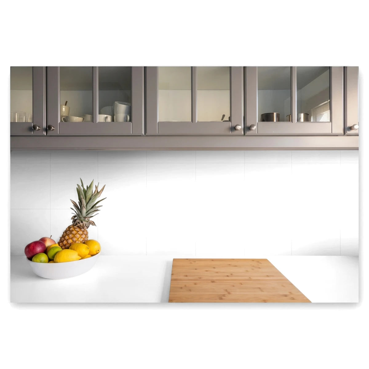 Glossy white ceramic wall tiles, 20x20cm, displayed as a kitchen backsplash with fruit and grey cabinets.