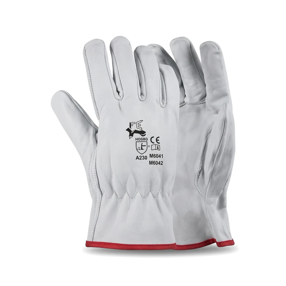 White goat skin Tig work gloves with red wrist trim, displayed front-on, ready for industrial tasks.