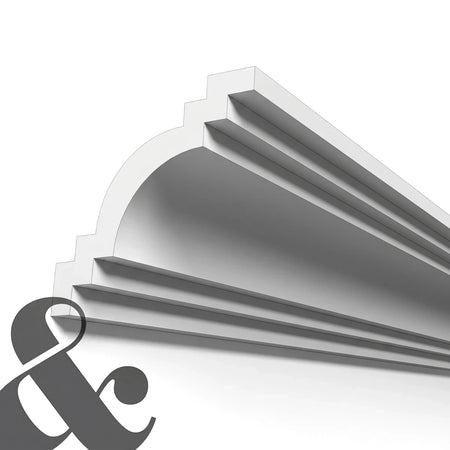White Grecian cornice moulding, model EPS (B) 80x80x110, shown in an angled view, perfect for interior design and