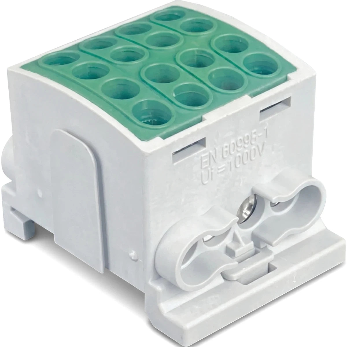 White and green polymide interlockable terminal block for DIN rail mounting, angled view.