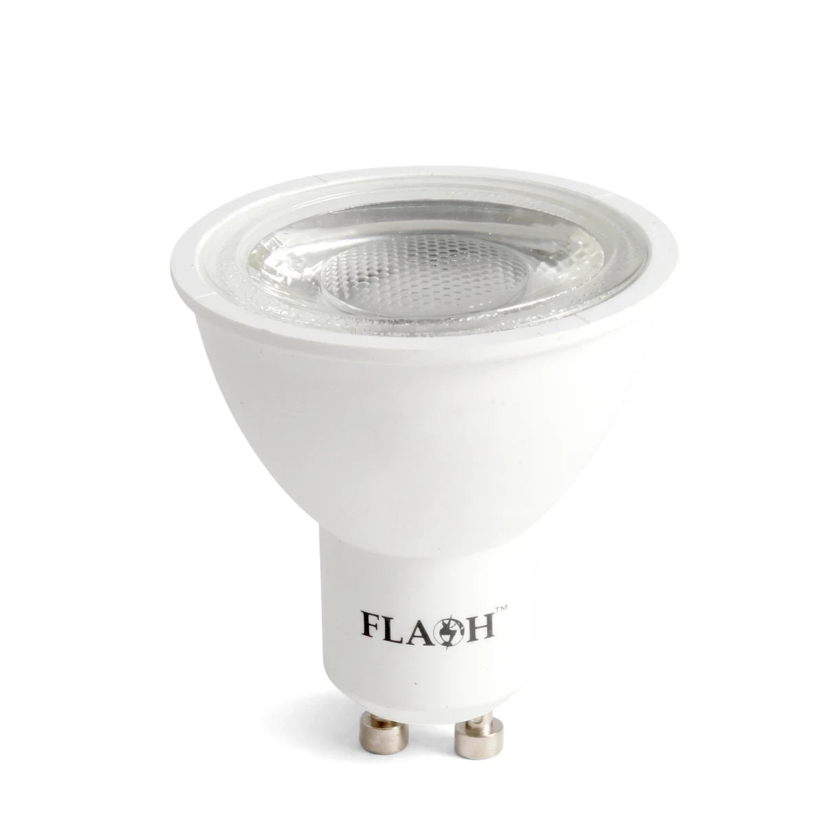 A white GU10 5w LED bulb with a clear glass top and two silver pins, featuring the 'FLASH' logo on its body, displayed