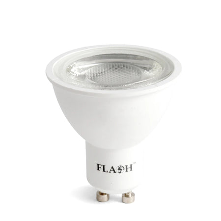 A white GU10 5w LED bulb with a clear glass top and two silver pins, featuring the 'FLASH' logo on its body, displayed