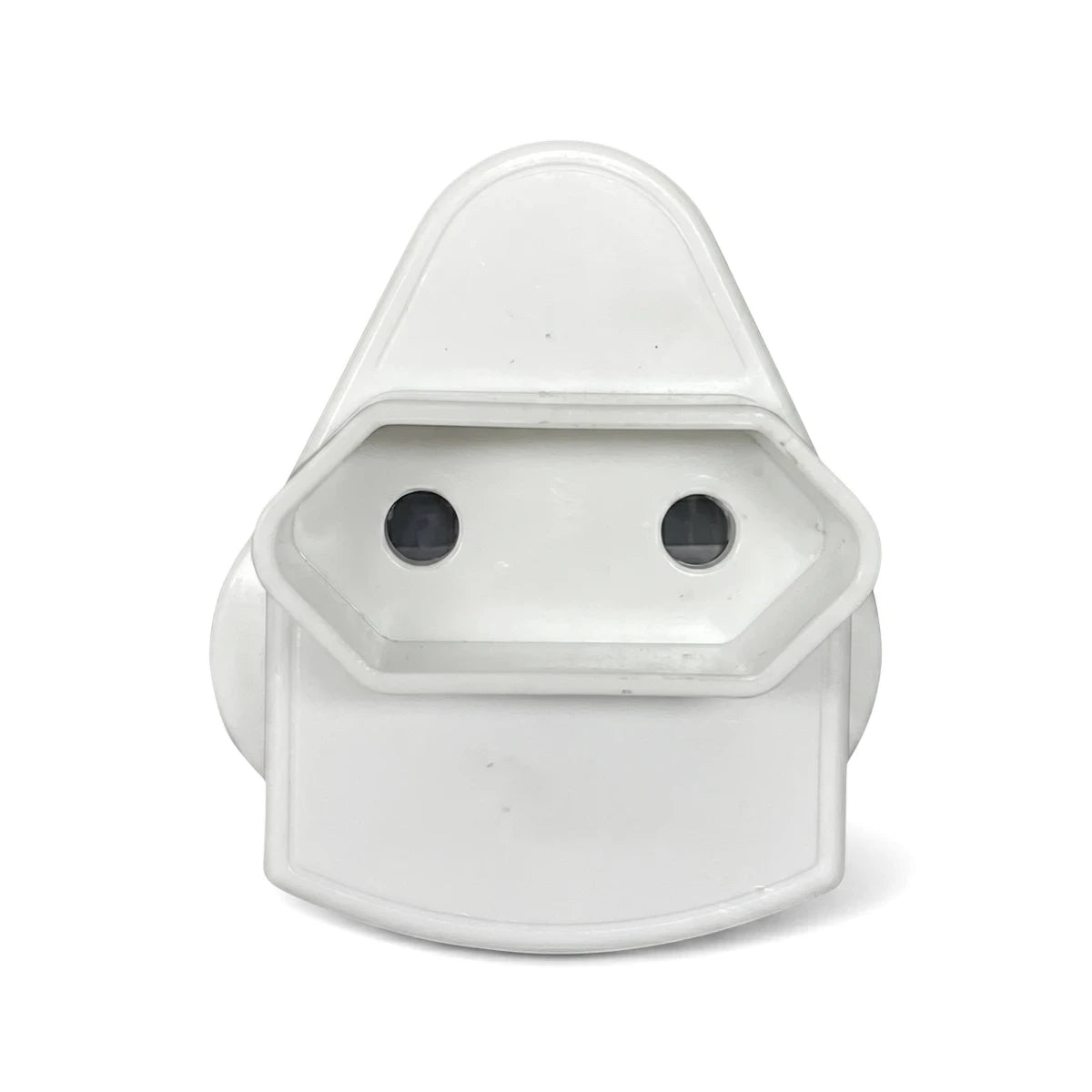 White IEC single Euro top entry adapter, front view. This electrical adaptor features two round pin sockets for connectivity.