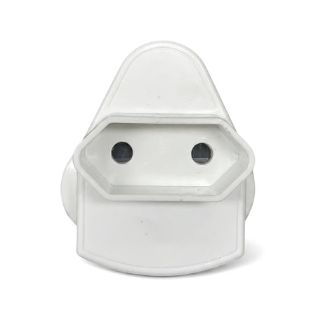 White IEC single Euro top entry adapter, front view. This electrical adaptor features two round pin sockets for connectivity.