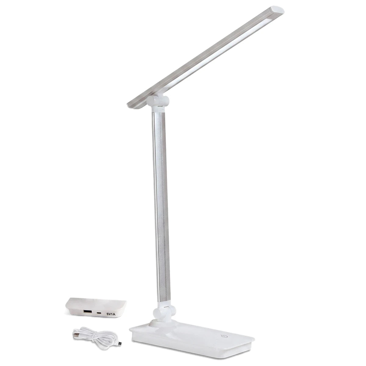 White LED desk lamp with adjustable aluminium metal and plastic arm, accompanied by its USB power adapter and cable.