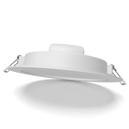 White Led Eco Recessed Ceiling Downlight R60 18W Dayligh, shown from an angled side view, featuring spring clips for