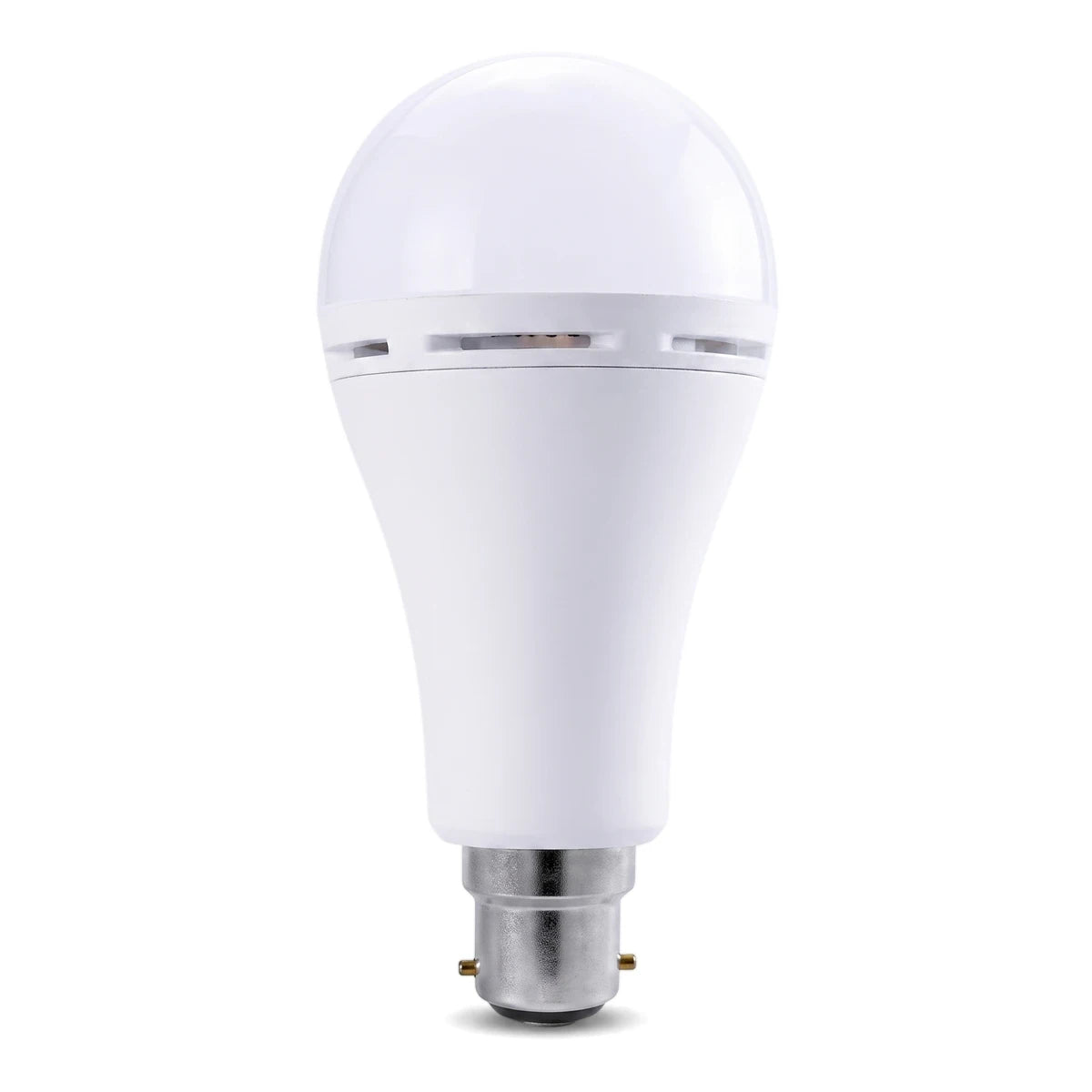 White LED emergency lamp with a standard bulb shape and B22 bayonet base, viewed vertically on a white background.