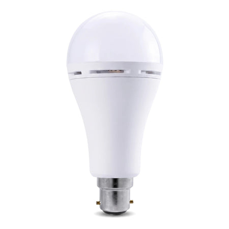 White LED emergency lamp with a standard bulb shape and B22 bayonet base, viewed vertically on a white background.