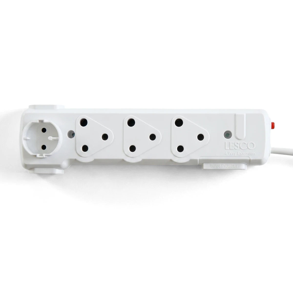 White LESCO 3+3 single-sided multiplug power strip with multiple outlets and surge protection, featuring a 400mm cable.