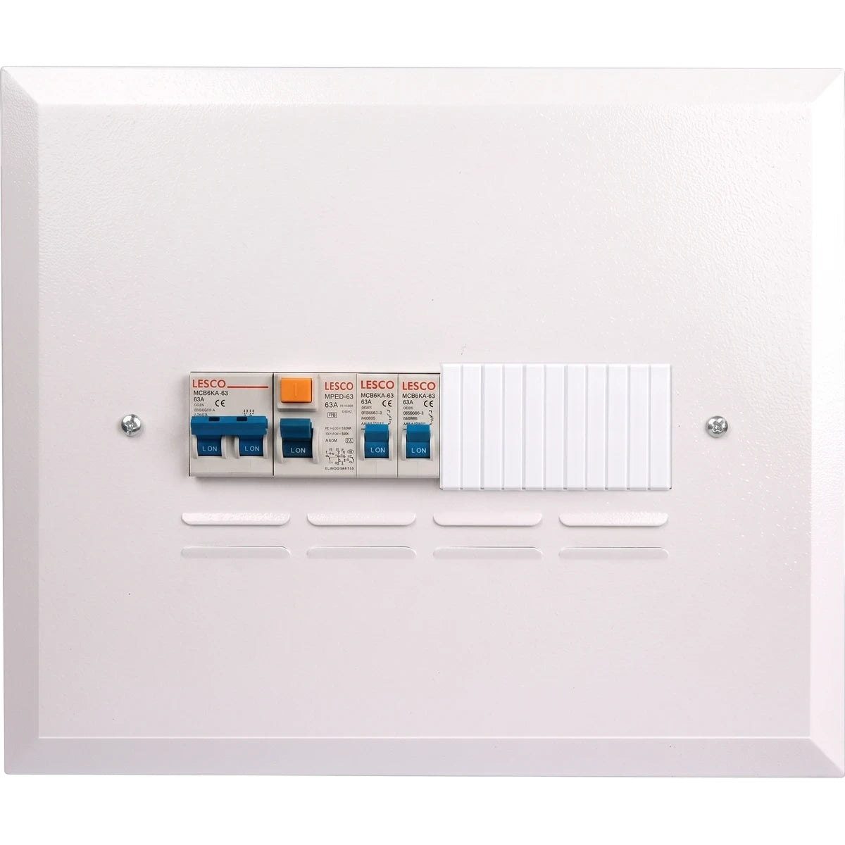 White Lesco 9-way flush mount electrical distribution board with blue and orange circuit breakers and a blank cover.