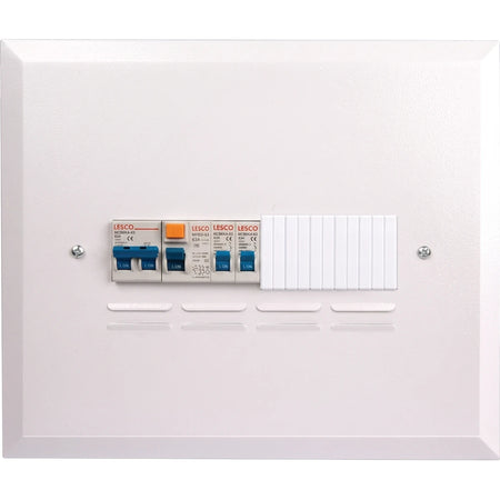 White Lesco 9-way flush mount electrical distribution board with blue and orange circuit breakers and a blank cover.
