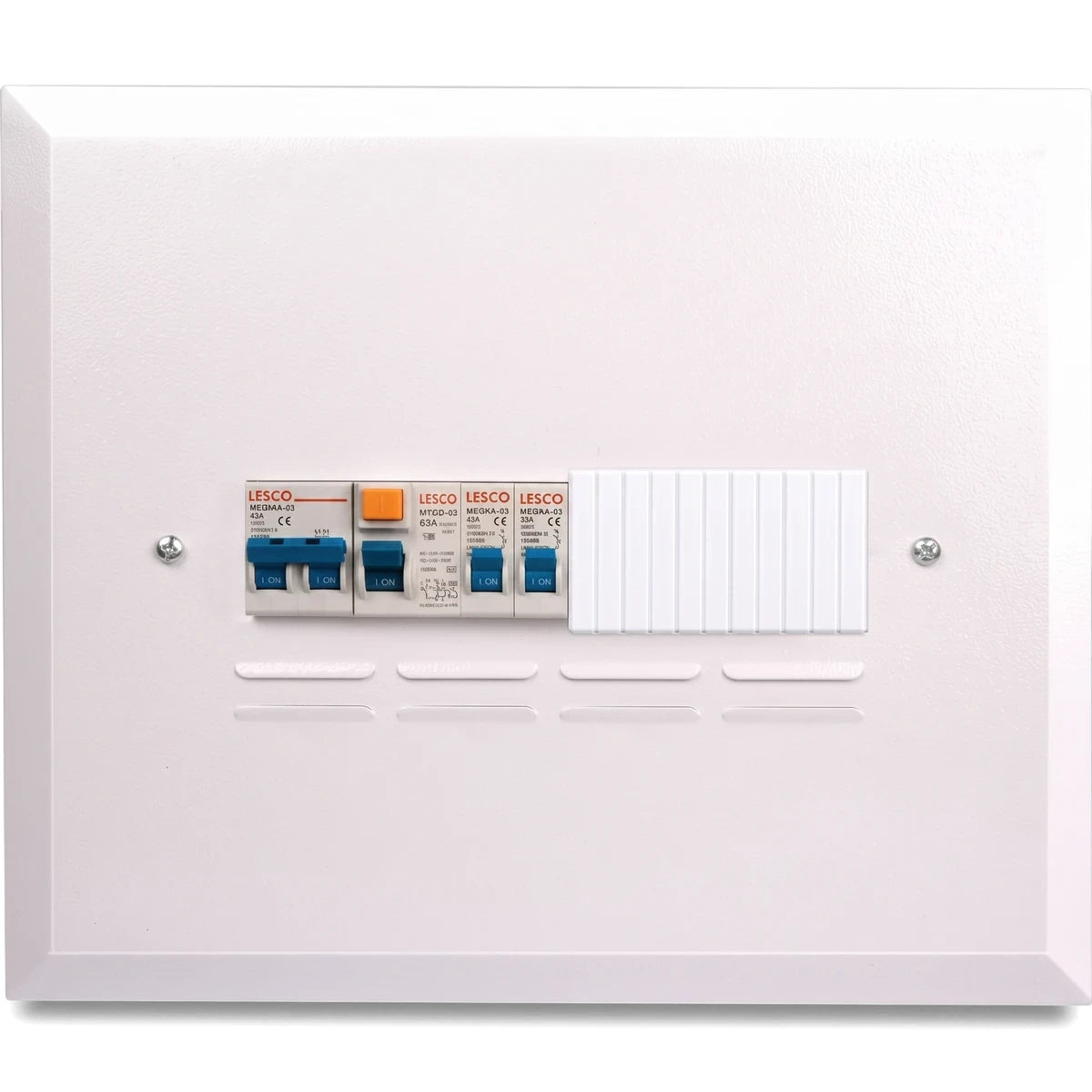 White LESCO 9-way SC flush prepopulated distribution board featuring multiple circuit breakers and a slotted cover, front