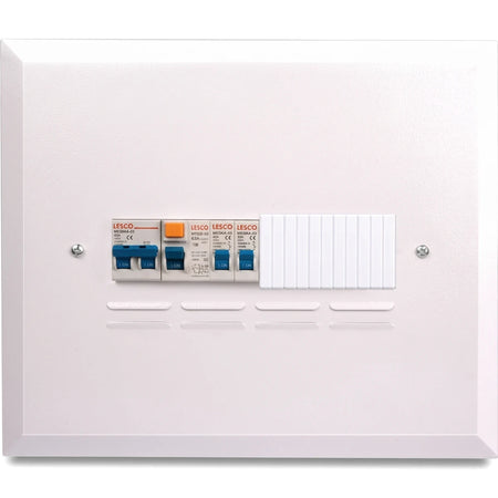 White LESCO 9-way SC flush prepopulated distribution board featuring multiple circuit breakers and a slotted cover, front