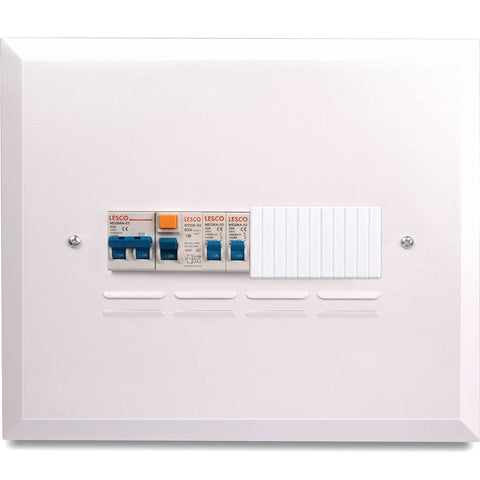 White LESCO 9-way SC flush prepopulated distribution board featuring multiple circuit breakers and a slotted cover, front