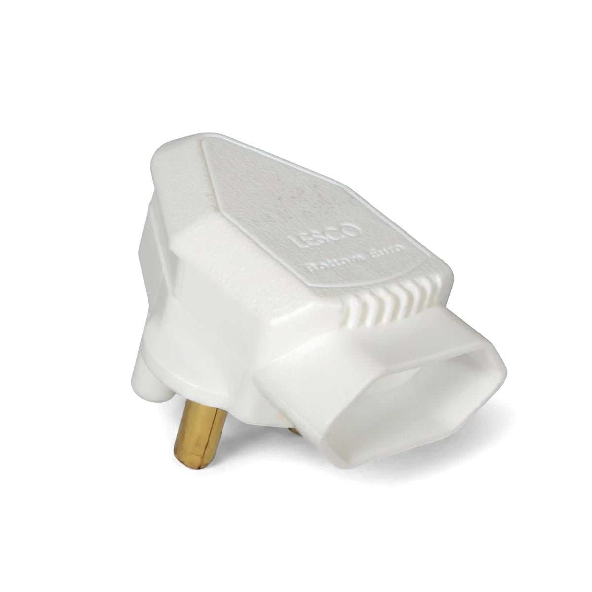 White LESCO Bottom Euro electrical adapter plug with brass pins, shown at an angle.