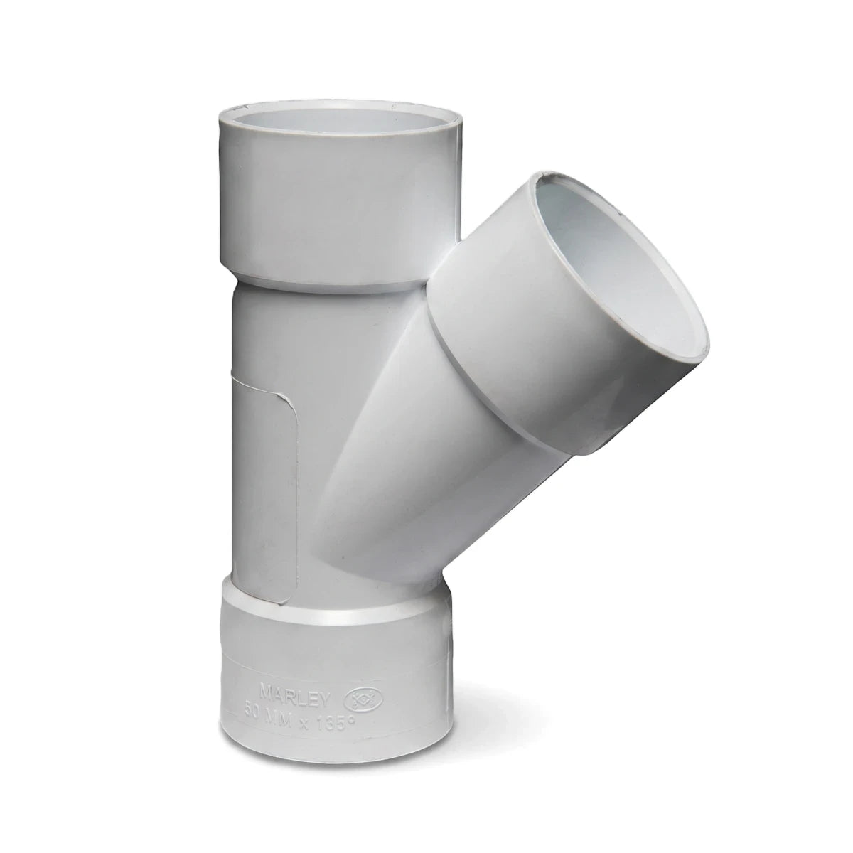 White Marley 50mm 135-degree PVC plain junction fitting, angled right, for plumbing and drainage applications.