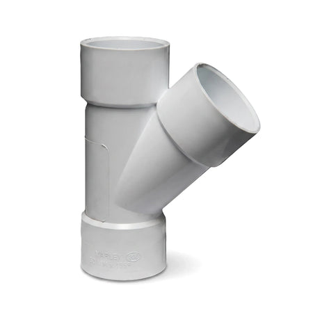 White Marley 50mm 135-degree PVC plain junction fitting, angled right, for plumbing and drainage applications.