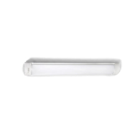 White metal 2-foot LED batten light with a PC cover, 18W and 6500K, for even illumination.