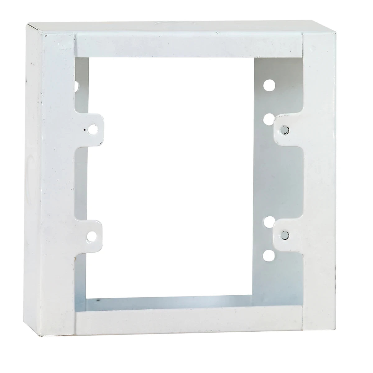 White metal 4x4 box extension for electrical installations, featuring multiple mounting holes on internal flanges.