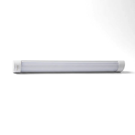 White metal with PC cover 4-foot LED batten light, 36W 6500K, slim white linear fixture front view.