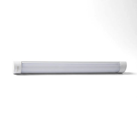 White metal with PC cover 4-foot LED batten light, 36W 6500K, slim white linear fixture front view.
