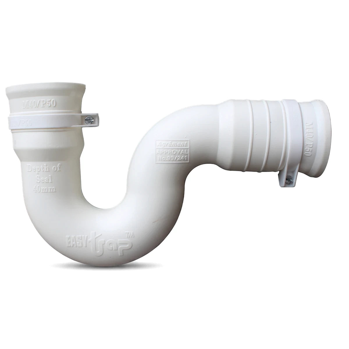 White Mini P-Trap 32mm waste x 50mm pipe, white plastic plumbing bend with couplings shown in side view.