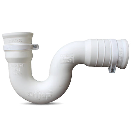 White Mini P-Trap 32mm waste x 50mm pipe, white plastic plumbing bend with couplings shown in side view.