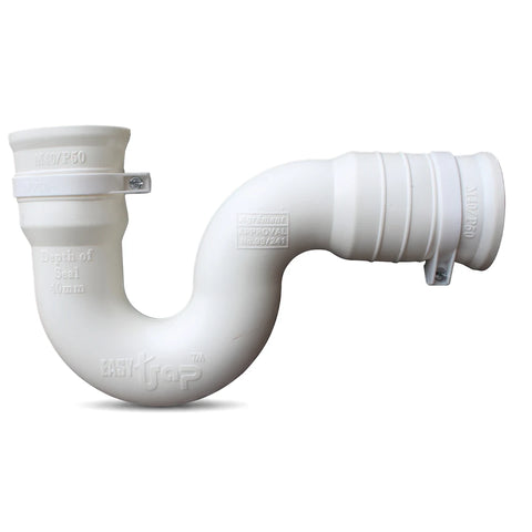 White Mini P-Trap 32mm waste x 50mm pipe, white plastic plumbing bend with couplings shown in side view.